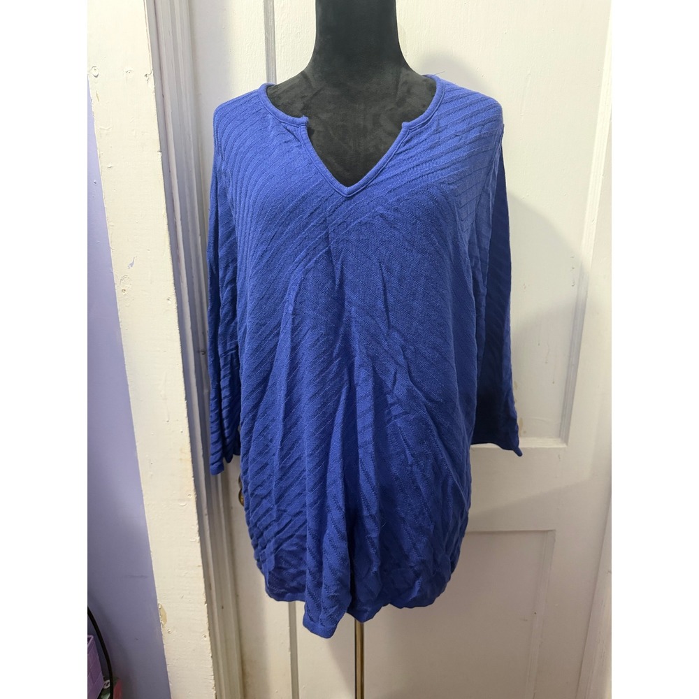 Dana Buchman Blue Knit 3/4 Sleeve Textured V-Neck Top Plus Size 3X